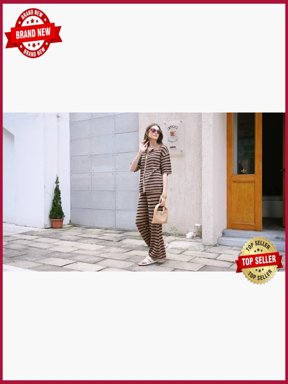 2 Piece Lounge Set Striped Knit Short Sleeve Top Wide Leg Pants Travel Outfits - Picture 7 of 7